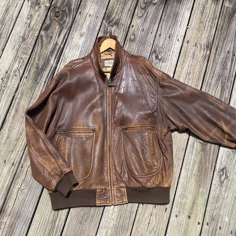 Zildjian Vintage Brown Leather Bomber Jacket XL